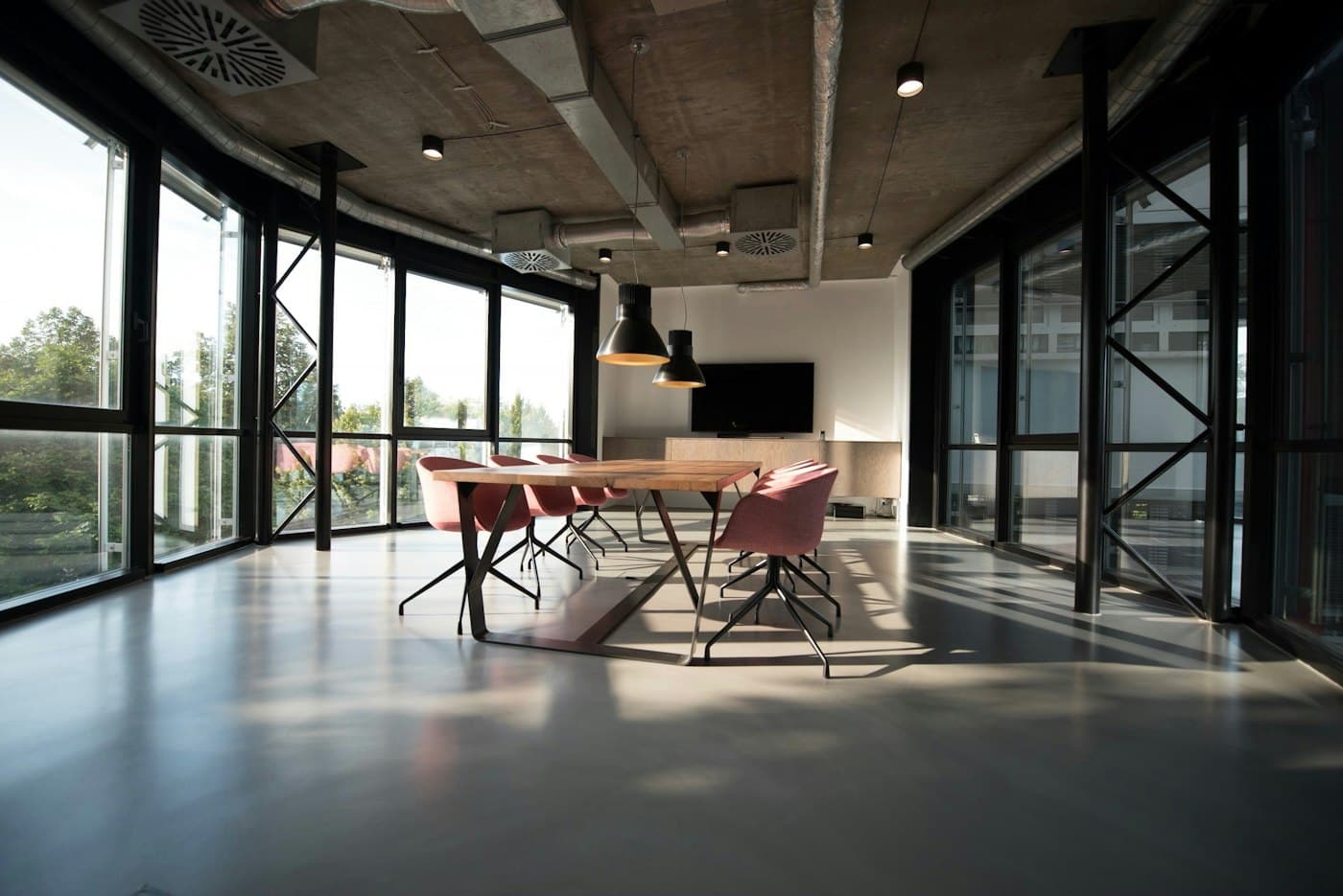 Conference table and chairs in a commercial meeting room
