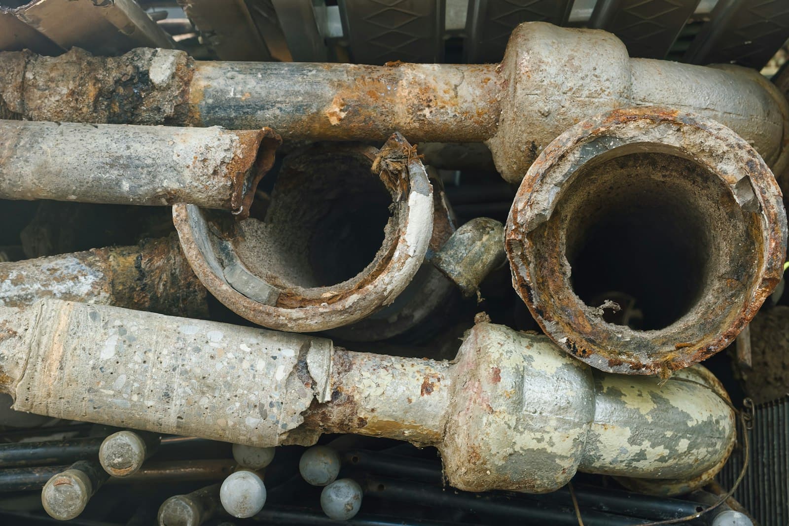 Weathered metal pipes and fittings piled for recovery